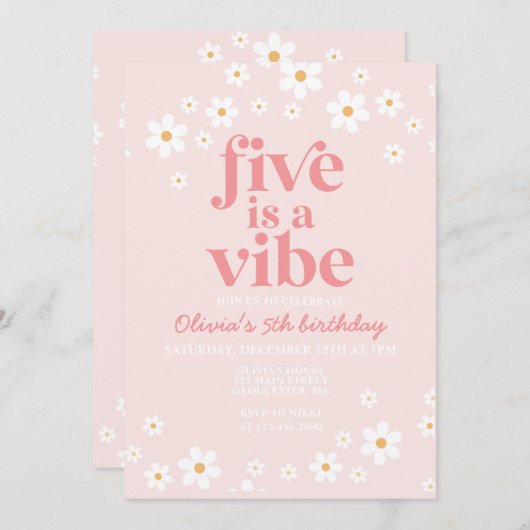 Retro Five is een Vibe daisy 5th Birthday Uitnodig Kaart (Voorkant / Achterkant)