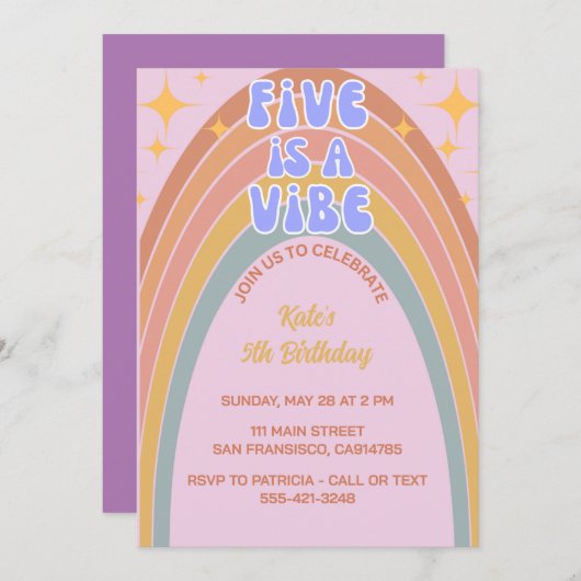 Retro Five is een Vibe Rainbow Pink Birthday Kaart (Voorkant / Achterkant)