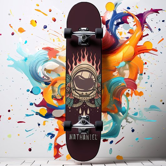 Retro Flaming Astronaut Rozen Persoonlijke naam Persoonlijk Skateboard