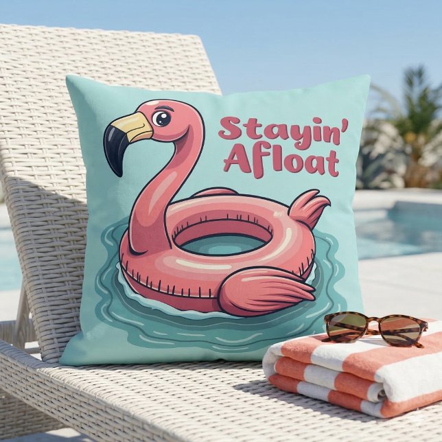Retro Flamingo Float Funny Summer Kussen (Retro Flamingo Float Funny Summer Throw Pillow On Poolside Chaise)