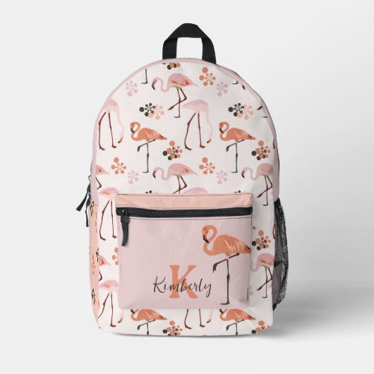 Retro Flamingo Monogram Naam Peach Pink Bedrukte Rugzak (Voorkant)