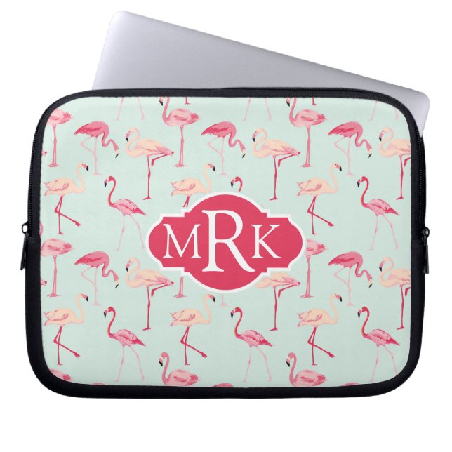 Retro-Flamingo patroon | Monogram Laptop Sleeve (Voorkant)