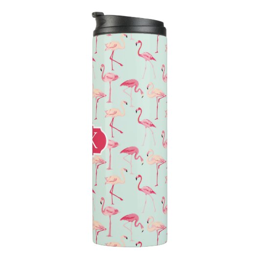 Retro-Flamingo patroon | Monogram Thermosbeker (Geroteerd rechts)