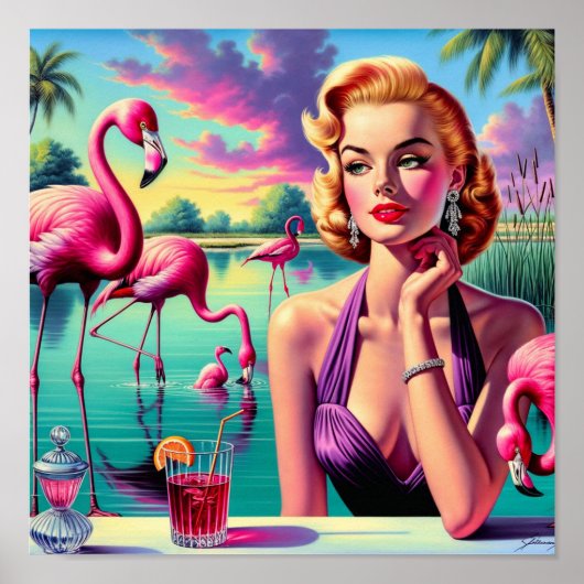 Retro Flamingo Pin-Up Poster (Voorkant)