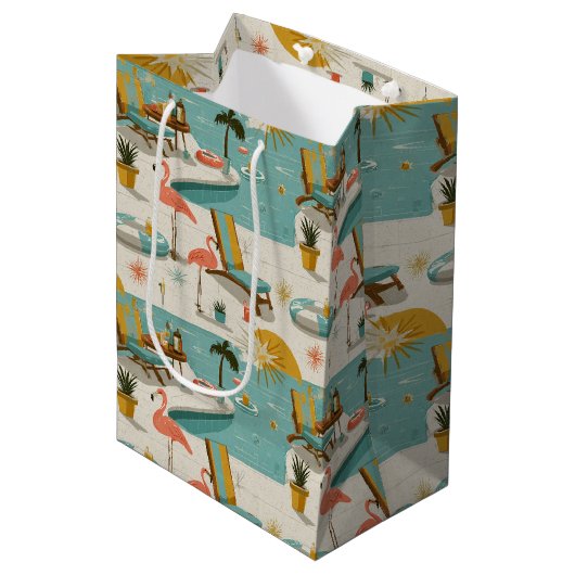 Retro Flamingo Poolside Summer Pattern (10) Medium Cadeauzakje (Voorkant Gekanteld)