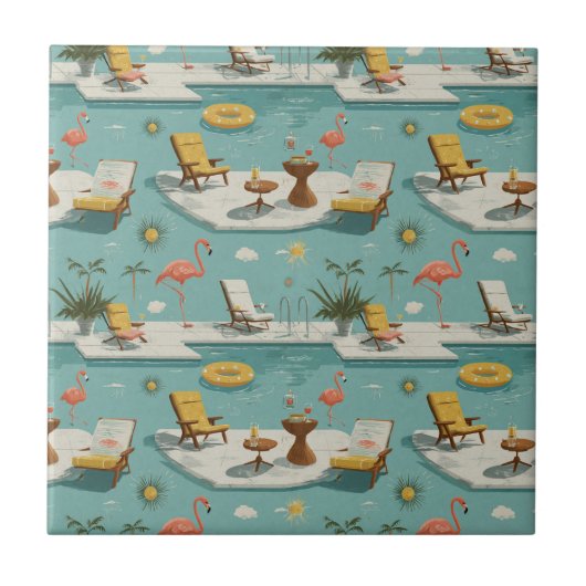 Retro Flamingo Poolside Summer Pattern (10) Tegeltje (Voorkant)