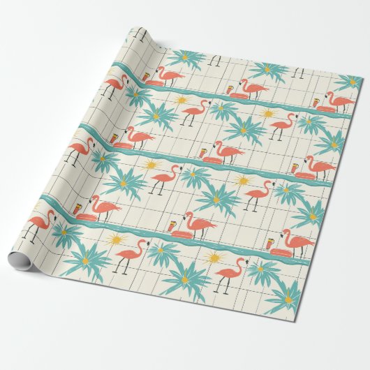 Retro Flamingo Poolside Summer Pattern (2) Cadeaupapier (Uitgerold)