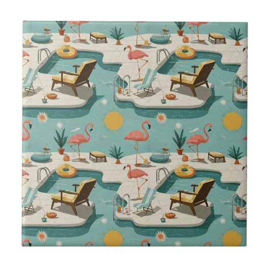 Retro Flamingo Poolside Summer Pattern (2) Tegeltje (Voorkant)