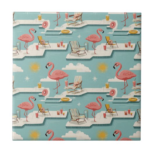 Retro Flamingo Poolside Summer Pattern (6) Tegeltje (Voorkant)