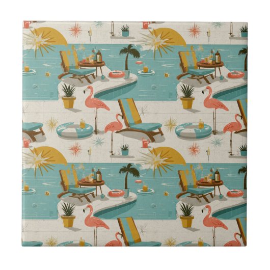 Retro Flamingo Poolside Summer Pattern (8) Tegeltje (Voorkant)