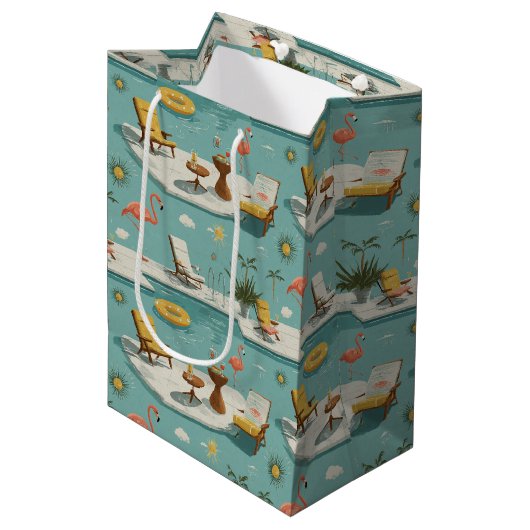 Retro Flamingo Poolside Summer Pattern (9) Medium Cadeauzakje (Voorkant Gekanteld)