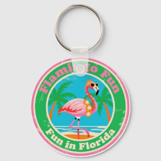 Retro Flamingo Pret in Florida Strand Sleutelhanger (Voorkant)