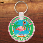 Retro Flamingo Pret in Florida Strand Sleutelhanger (Achterkant)