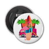 Retro Flamingo Surf Scene Strand Button Flesopener (Voorkant)