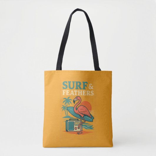 Retro Flamingo Surfboard Tropische Zonsondergang Tote Bag (Voorkant)