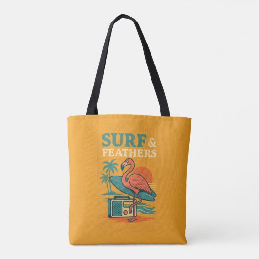Retro Flamingo Surfboard Tropische Zonsondergang Tote Bag (Achterkant)