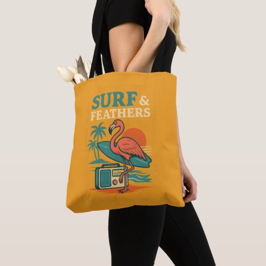 Retro Flamingo Surfboard Tropische Zonsondergang Tote Bag (Dichtbij)