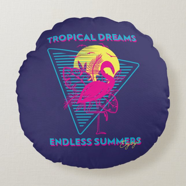 Retro Flamingo Zonsondergang Synthwave Sfeer Rond Kussen (Voorkant)