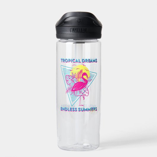 Retro Flamingo Zonsondergang Synthwave Sfeer Waterfles (Achterkant)