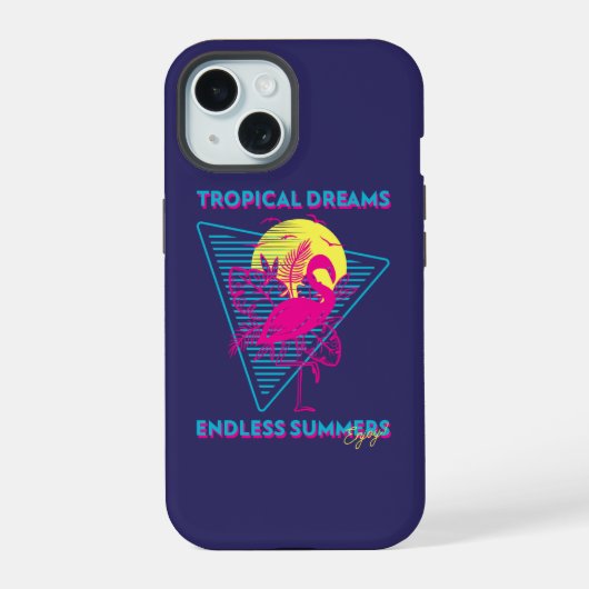 Retro Flamingo Zonsondergang Synthwave Vibes iPhone 15 Case (Achterkant)