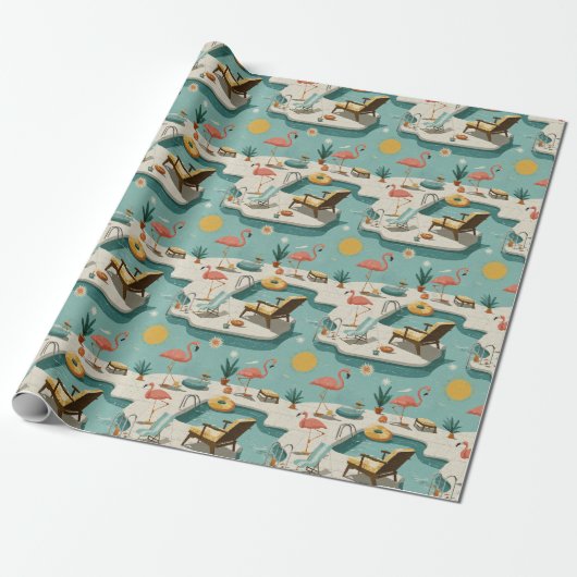 Retro Flamingo Zwembad Zomer Patroon (1) Cadeaupapier (Uitgerold)