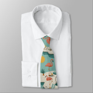 Retro Flamingo Zwembad Zomer Patroon (1) Stropdas