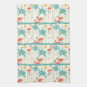 Retro Flamingo Zwembad Zomer Patroon (2) Theedoek