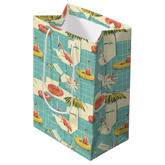 Retro Flamingo Zwembad Zomer Patroon (4) Medium Cadeauzakje (Voorkant Gekanteld)