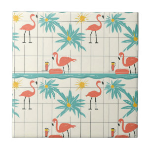 Retro Flamingo Zwembad Zomer Patroon (4) Tegeltje