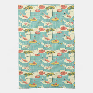 Retro Flamingo Zwembad Zomer Patroon (4) Theedoek