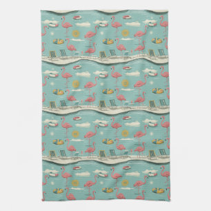 Retro Flamingo Zwembad Zomer Patroon (5) Theedoek
