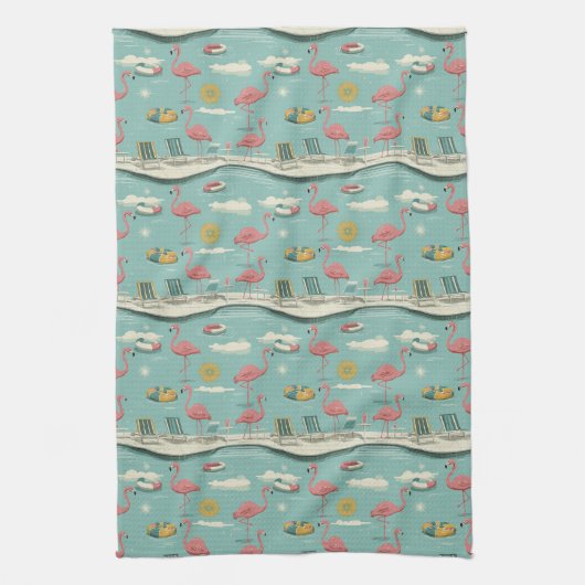 Retro Flamingo Zwembad Zomer Patroon (5) Theedoek (Verticaal)