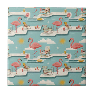 Retro Flamingo Zwembad Zomer Patroon (6) Tegeltje