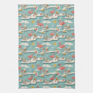 Retro Flamingo Zwembad Zomer Patroon (7) Theedoek
