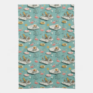 Retro Flamingo Zwembad Zomer Patroon (8) Theedoek