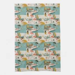 Retro Flamingo Zwembad Zomer Patroon (9) Theedoek