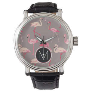 Retro Flamingos   Monogram Horloge