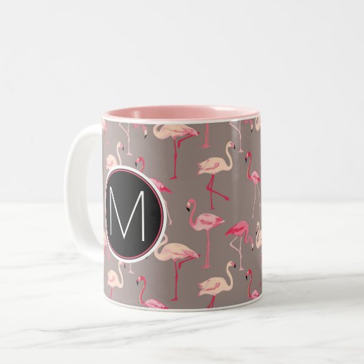 Retro Flamingos | Monogram Tweekleurige Koffiemok (Voorkant links)