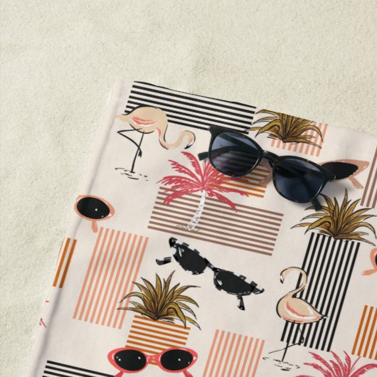 Retro Flamingos Palms zonnebril Strandlaken (In situ)