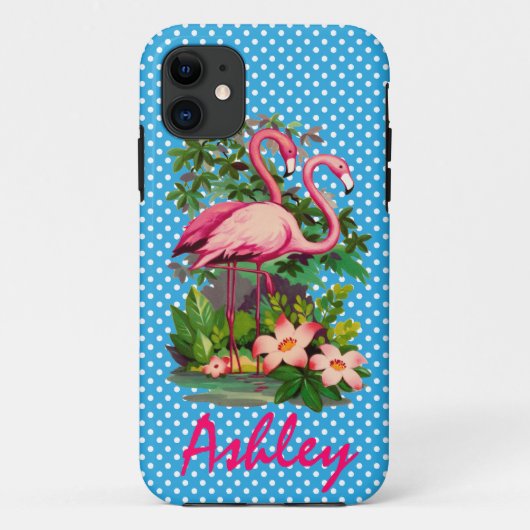 Retro Flamingo's & Polka Dots gepersonaliseerd Case-Mate iPhone Case (Achterkant)