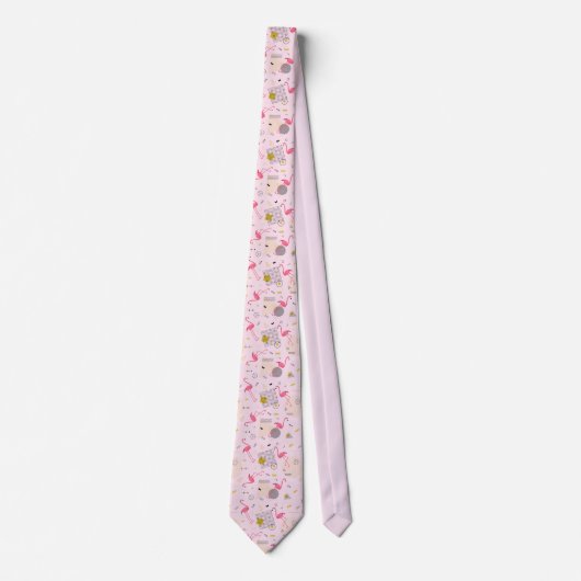 Retro Flamingo's Stippen en Diamanten op Roze Stropdas (Voorkant)