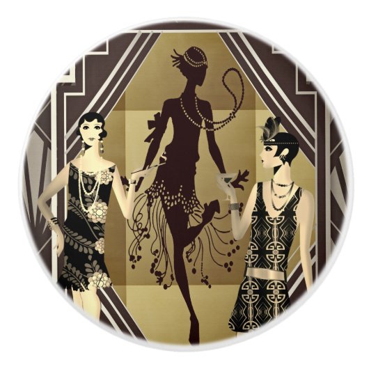 Retro Flapper Dancers Black Gold Keramische Knop (Voorkant)