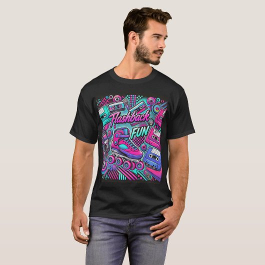 Retro Flashback Fun Roller Schaats en Cassette Art T-shirt (Voorkant volledig)