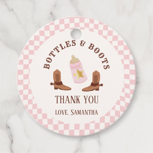 Retro flessen en laarzen Cowgirl Baby shower Bedankjes Labels (Voorkant)