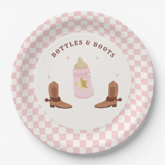 Retro flessen en laarzen Cowgirl Baby shower Papieren Bordje (Voorkant)