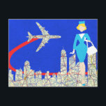 Retro Flight Attendant Briefkaart<br><div class="desc">Wanneer je dit Retro Flight Attendant Briefkaart ziet zal het liefde zijn op de eerste vlucht! Het ontwerp heeft een koningsblauwe achtergrond met een skyline van de stad en een vliegtuig gemaakt van een routekaart. Er is ook een minimalistische cartoon tekening van een 1960's stewardess, compleet met een aqua uniform...</div>