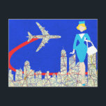 Retro Flight Attendant Briefkaart<br><div class="desc">Wanneer je dit Retro Flight Attendant Briefkaart ziet zal het liefde zijn op de eerste vlucht! Het ontwerp heeft een koningsblauwe achtergrond met een skyline van de stad en een vliegtuig gemaakt van een routekaart. Er is ook een minimalistische cartoon tekening van een 1960's stewardess, compleet met een aqua uniform...</div>