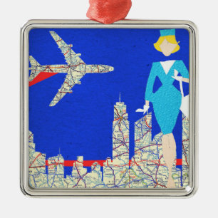 Retro Flight Attendant Kerstannament Metalen Ornament
