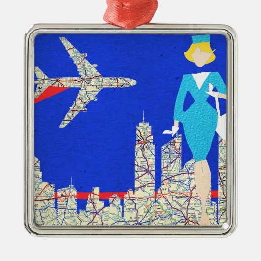Retro Flight Attendant Kerstannament Metalen Ornament (Voorkant)