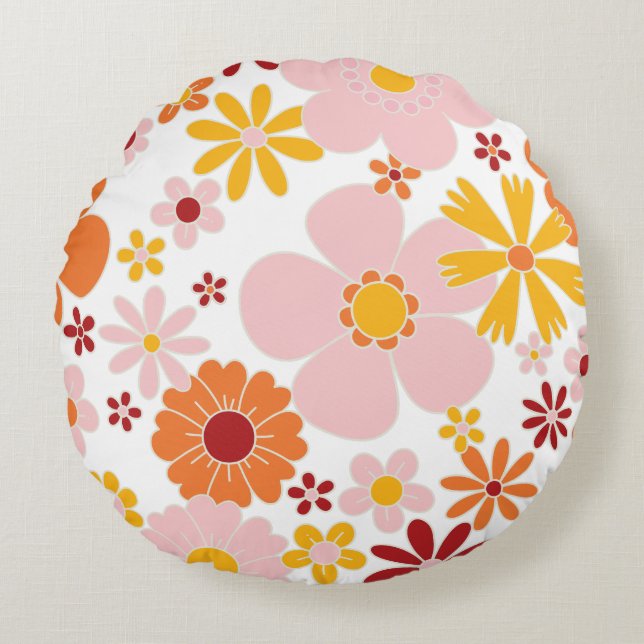 Retro Floral 70's Rond Kussen (Voorkant)
